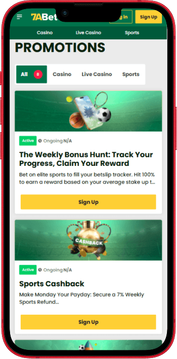7aBet promotions page with bonus offers