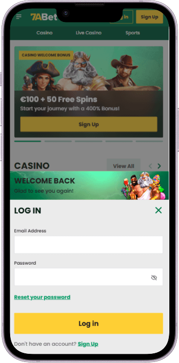 7aBet login and registration screen
